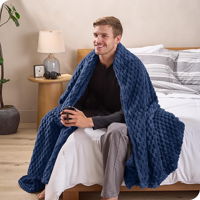 Bare Home Textured Fleece Microplush Blanket - King - Lightweight Throw for Bed, Sofa, Couch, Movie Night, Camping, and Travel - Ultra Soft Warm Blanket (King, Waffle Dark Blue)