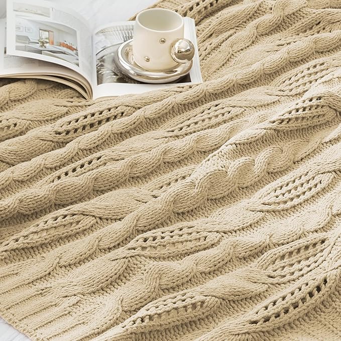 Amélie Home Chunky Knit Chenille Throw Blanket, Breathable Cable Knitted Blanket for Couch, Farmhouse Decorative Throw for Sofa Chair Bed, 60"x80", Beige