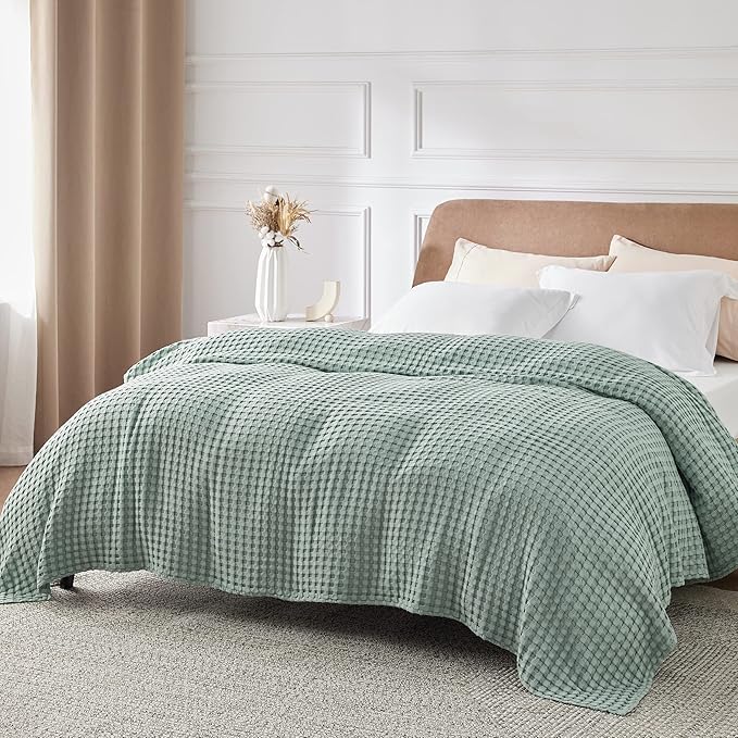 Bedsure Cooling Cotton Waffle King Size Blanket - Lightweight Breathable Blanket of Rayon Derived from Bamboo for Hot Sleepers, Luxury Throws for Bed, Couch and Sofa, Sage Green, 104x90 Inches