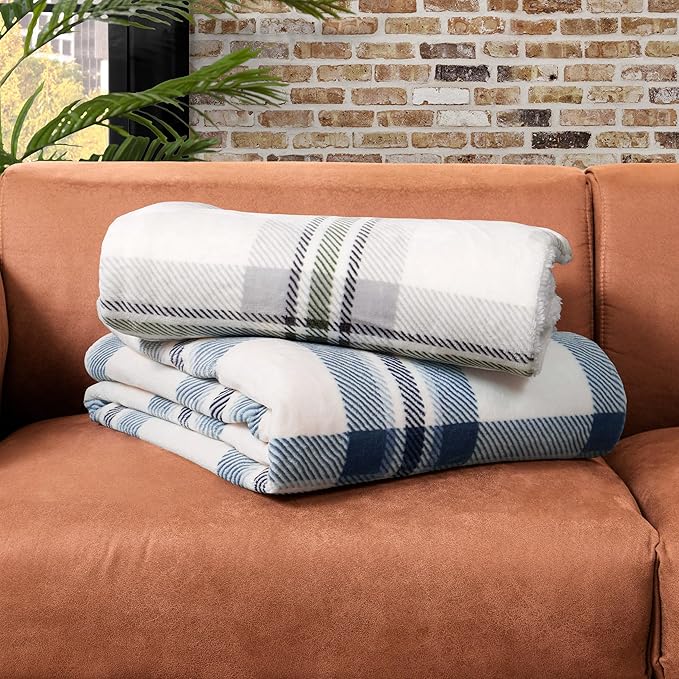 Lucky Brand Sherpa Plaid Ivory/Blue 50"X70" Cozy Plush Blanket - Premium Microfiber Throw for Luxurious Comfort and Style