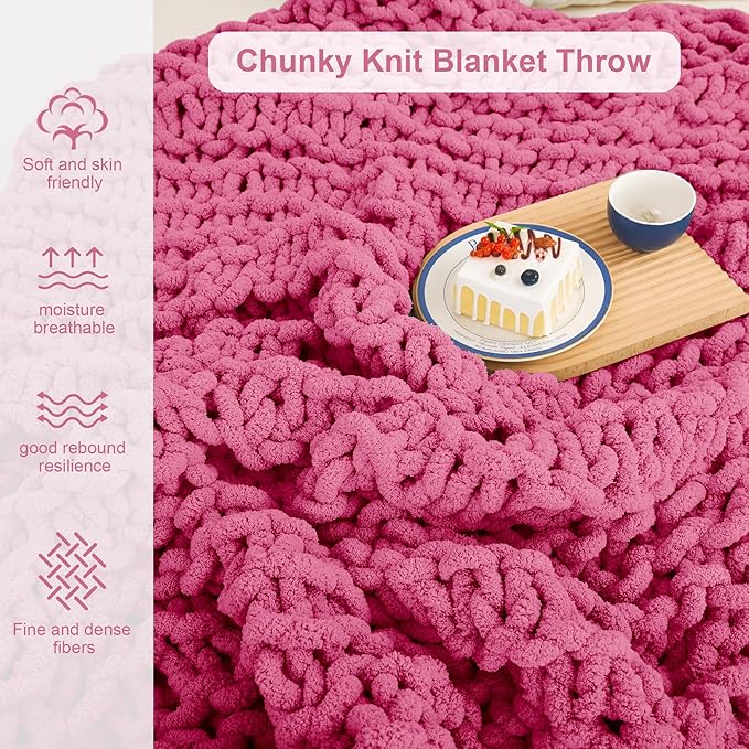 Knit Blanket 50"x60" Rose Cream Soft Washable Chenille Throw Blanket Cozy 100% Handmade Crochet Blankets with Jumbo Chenille Yarn for Couch Bed Sofa Room Decor