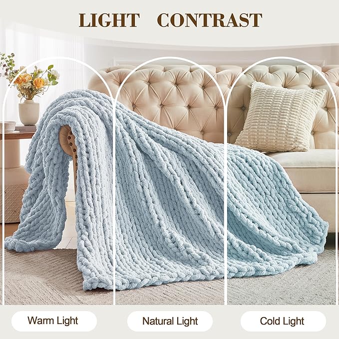 Carriediosa Chunky Knit Throw Blanket 60" X 80" Twin, 100% Hand Made Large Chenille Loop Yarn Soft Fluffy Throws for Couch Sofa Bed, Big Crochet Cozy Heavy Thick Cable Woven Blanket, Light Blue