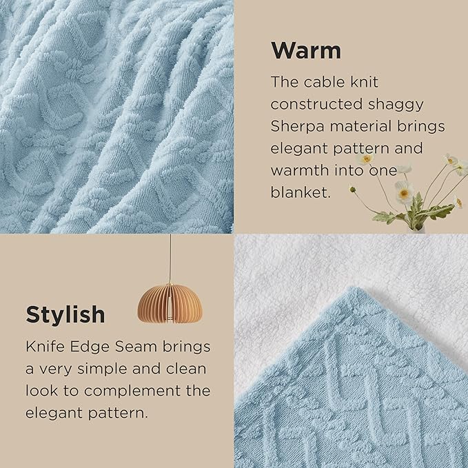 Bedsure Sherpa Fleece Throw Blanket for Couch - Fuzzy Soft Cozy Cable Throw for Women, Thick Warm Blanket for Winter, Blue, 50x60 Inches