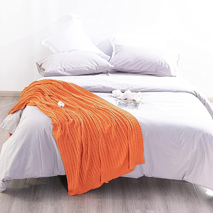 NTBAY 100% Pure Cotton Oversize (60x80) Cable Knit Throw Blanket, Super Soft Warm Knitted Throw Blanket for Bed, Sofa, Chair, Couch - Extra Cozy, Machine Washable, Comfortable Home Decor, Orange