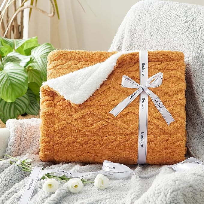 Bedsure Sherpa King Size Blanket for Bed- Fleece Soft Cozy Fuzzy Cable Blankets for Women, Thick Warm for Winter and All Seasons, Yellow, 108x90 Inches