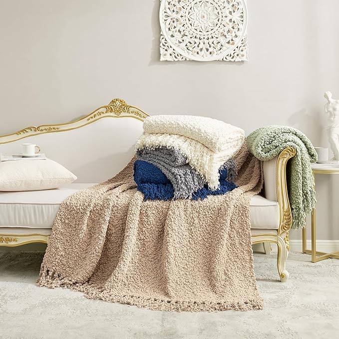 Amélie Home Knit Throw Blanket with Tassels for Couch, Luxury Boho Throw Blanket for Summer Ivory, 60"x80"