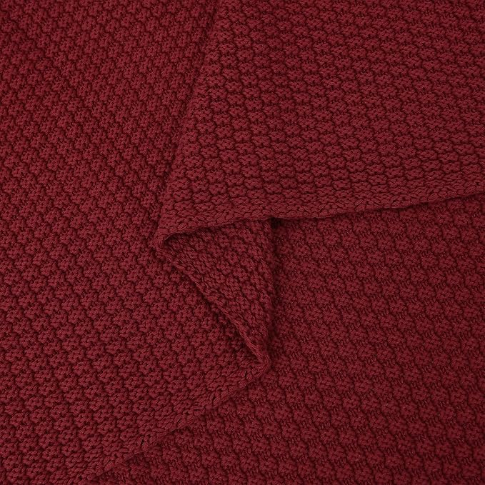 Longhui bedding Wine Red Knitted Throw Blanket for Couch, Cozy Machine Washable 100% Cotton Sofa Knit Blankets, 51 x 63 Inches, Burgundy Color