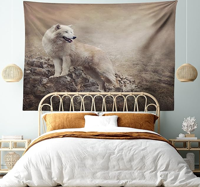 Ambesonne Animal Tapestry Queen Size, White Wolf on Rocks at The Night Misty Weather Wildlife Nature Scenery Print, Wall Hanging Bedspread Bed Cover Wall Decor, Queen Size, Warm Taupe