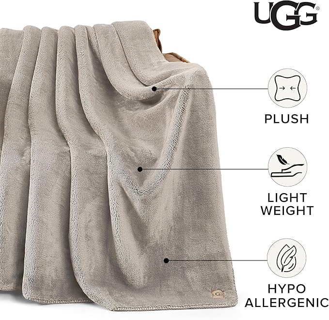 UGG Whitecap Plush Throw Blanket Fleece Lightweight Soft Cozy Throw for Couch Luxury Home Decor for Living Room Machine Washable Hypoallergenic Flannel Blankets, 50-inch x 70-inch, Light Grey Seal