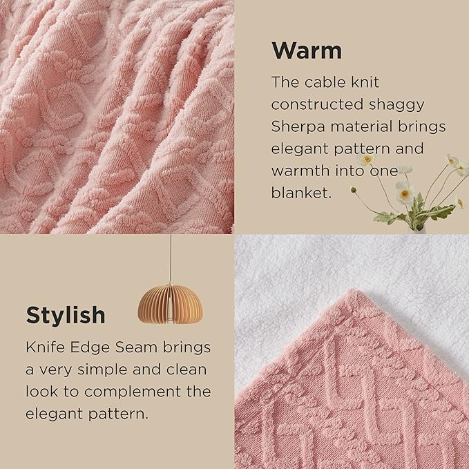 Bedsure Sherpa Queen Size Blanket for Bed - Fleece Soft Cozy Fuzzy Cable Blankets for Women, Thick Warm for Winter and All Seasons, Pink, 90x90 Inches