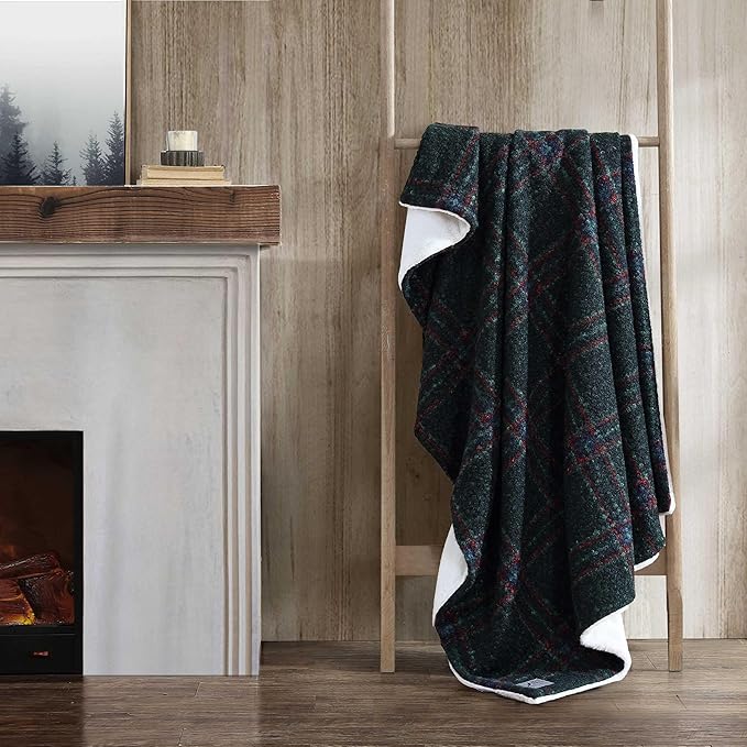 Eddie Bauer - Throw Blanket, Boucle Bedding with Faux Fur Reverse, Soft & Cozy Plaid Home Decor (Tarrytown Plaid Green, 50" x 70")