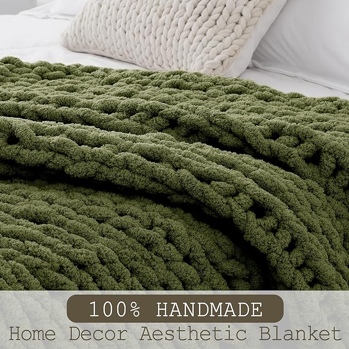 Chunky Knit Throw Blanket 50"X 60", 100% Handmade with Soft Chenille Yarn, 4.4lbs Thick Cable Knitted Blankets, Large Rope Knot Crochet Throws for Couch Sofa Bed Home Decor, Olive Green