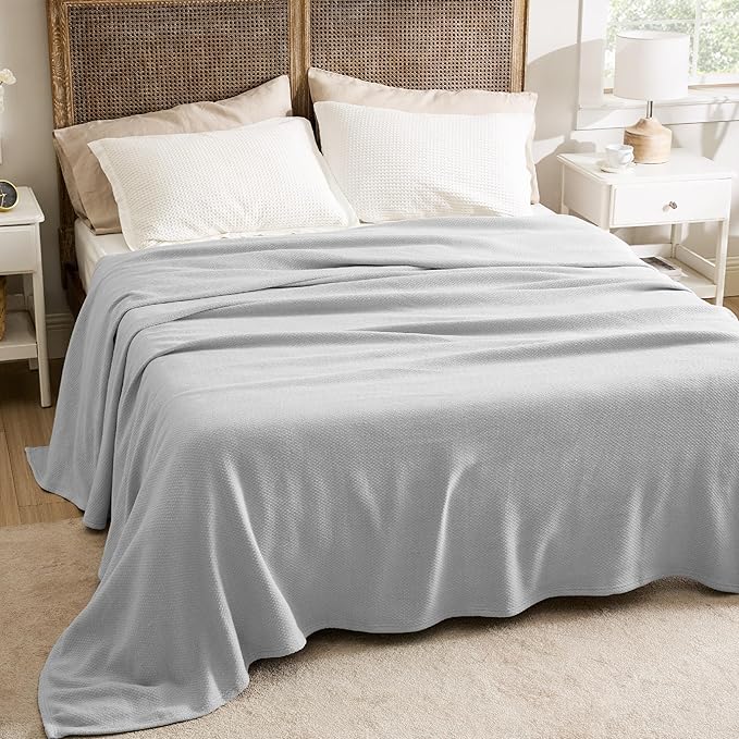 Bedsure 100% Cotton Large Blanket Oversized King for Bed 120x94 inches - Breathable Soft Cozy Herringbone Woven Blanket for Summer Spring, Couch Cover, Grey