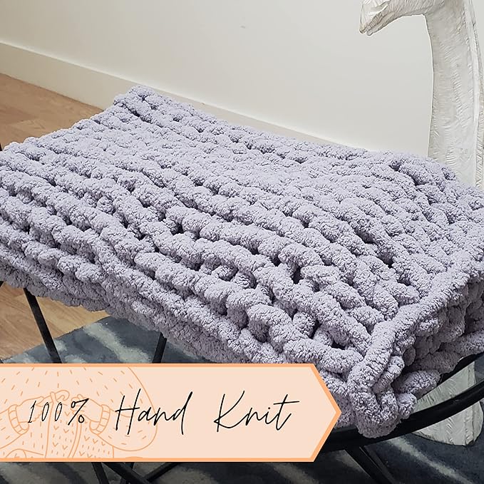 Adyrescia Chunky Knit Blanket Throw | 100% Hand Knit with Jumbo Chenille Yarn (30"x40", Lilac Gray)