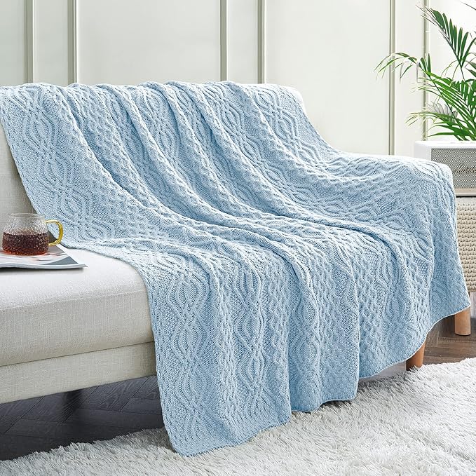 Aormenzy Light Blue Cable Knit Throw Blanket, Soft & Warm Knitted Blanket Throw for Couch Bed Sofa Living Room, 50 x 60 inch