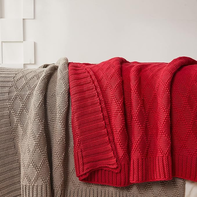 Longhui bedding Cotton Wine Red Cable Knit Throw Blanket for Couch Chairs Bed Beach, Home Decorative Knitted Blanket, 50 x 60 Inch with a Washing Bag,Silk Bow Tie Package