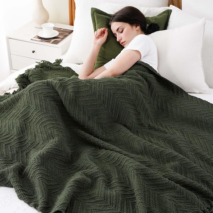 BATTILO HOME Olive Green Throw Blanket for Couch, Knit Throw Blanket,Super Soft Warm Home Decor Throw Tassels Bed,Sofa and Living Room,50" x 60"