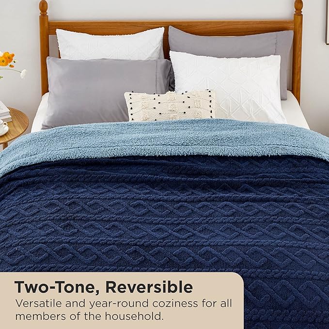Bedsure Sherpa King Size Blanket for Bed- Fleece Soft Cozy Fuzzy Cable Blankets for Women, Thick Warm for Winter and All Seasons, Navy, 108x90 Inches