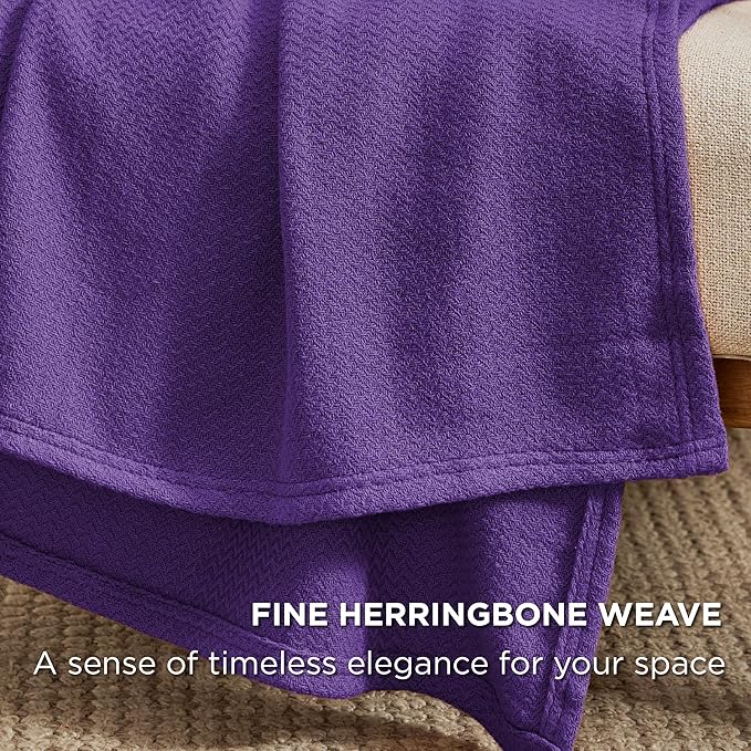 Bedsure 100% Cotton Blanket King Size for Bed - Breathable and Lightweight, Soft Cozy Textured Herringbone Woven Blanket for Summer Spring, Purple, 108x90 inches