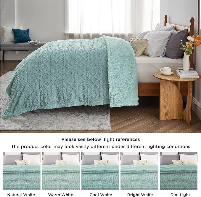 Bedsure Sherpa Queen Size Blanket for Bed - Fleece Soft Cozy Fuzzy Cable Blankets for Women, Thick Warm for Winter and All Seasons, Sage Green, 90x90 Inches