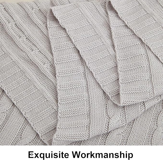 NTBAY 100% Pure Cotton Cable Knit Throw Blanket, Super Soft Warm 51x67 Knitted Throw Blanket for Couch, Sofa, Chair, Bed - Extra Cozy, Machine Washable, Comfortable Home Decor, Silver Grey