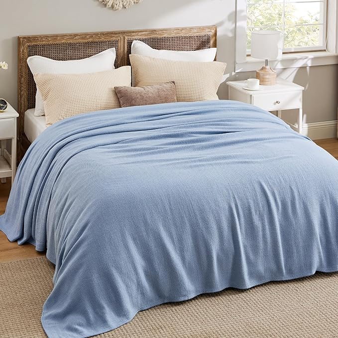 Bedsure 100% Cotton Blanket King Size for Bed - Breathable and Lightweight, Soft Cozy Textured Herringbone Woven Blanket for Summer Spring, Ashley Blue, 108x90 inches