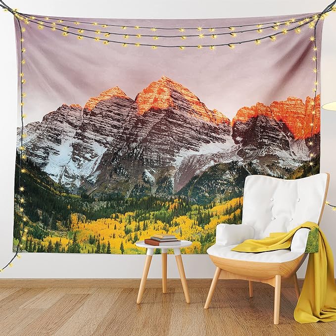 Ambesonne Mountain Tapestry Queen Size, Scenic Western American Mountains on Valley with Snowy Peaks at Sunset Landscape, Wall Hanging Bedspread Bed Cover Wall Decor, 88" X 88", Mauve Brown