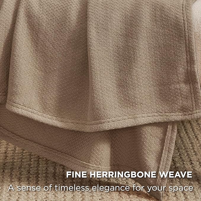Bedsure 100% Cotton Blanket Queen Size for Bed - Breathable and Lightweight, Soft Cozy Textured Herringbone Woven Blanket for Summer Spring, Tan, 90x90 inches
