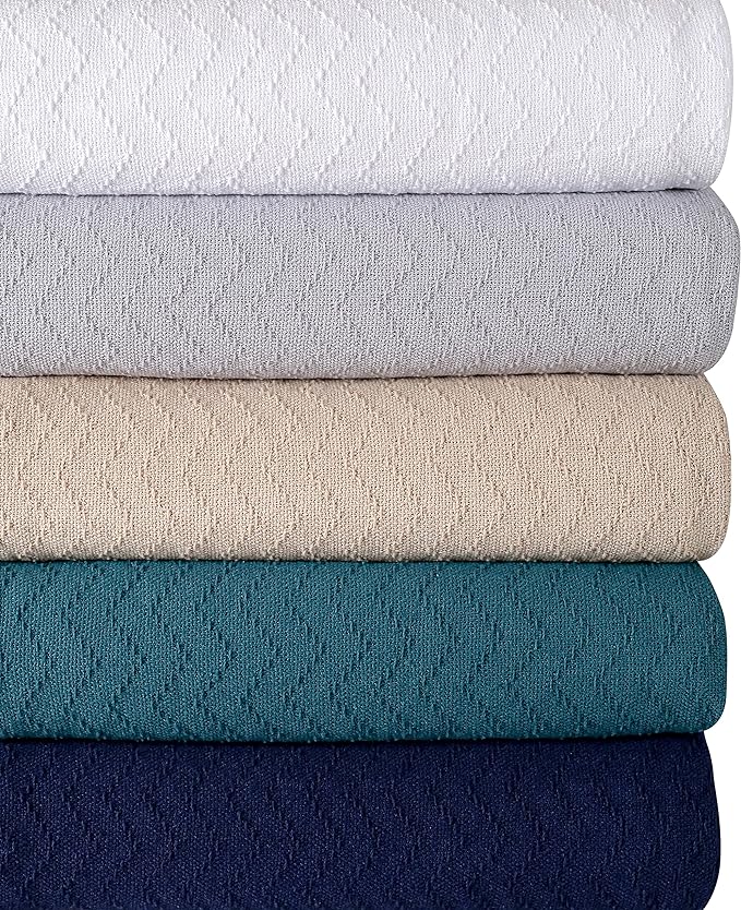 BELIZZI Home 100% Cotton Bed Blanket, Breathable Thermal Blanket Full - Queen Size, Soft Chevron Thermal Blanket 90"x90", Cotton Bed Blanket, Perfect for Layering Any Bed for All Season, White