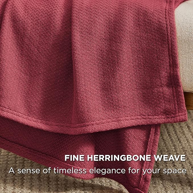 Bedsure 100% Cotton Blanket Queen Size for Bed - Breathable and Lightweight, Soft Cozy Textured Herringbone Woven Blanket for Summer Spring, Dark Red, 90x90 inches