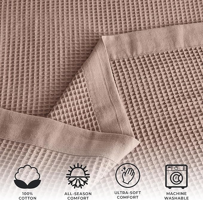 Great Bay Home 100% Cotton Blanket for Twin Size Bed | Lightweight and Breathable Waffle Weave Blankets for Summer & Spring | Versatile, Layering Pink Bed Blanket, Redwood, 90x66 inches
