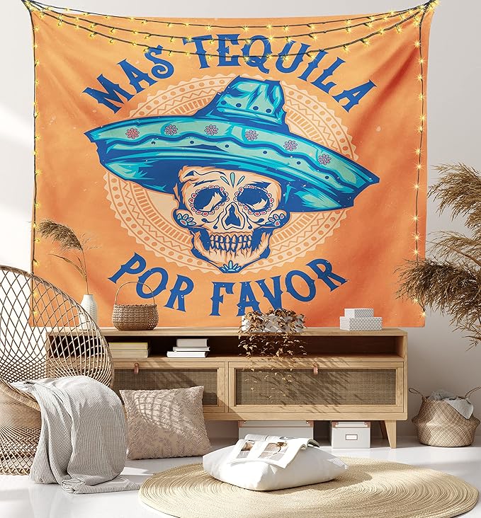 Ambesonne Alcohol Tapestry, Hand-Drawn Sugar Skull Wearing Sombrero with Mas Tequila Por Favor Saying, Wide Wall Hanging for Bedroom Living Room Dorm, 80" X 60", Multicolor Orange