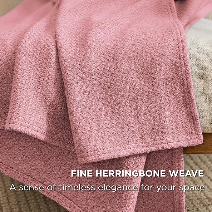 Bedsure 100% Cotton Blanket Queen Size for Bed - Breathable and Lightweight, Soft Cozy Textured Herringbone Woven Blanket for Summer Spring, Pink, 90x90 inches