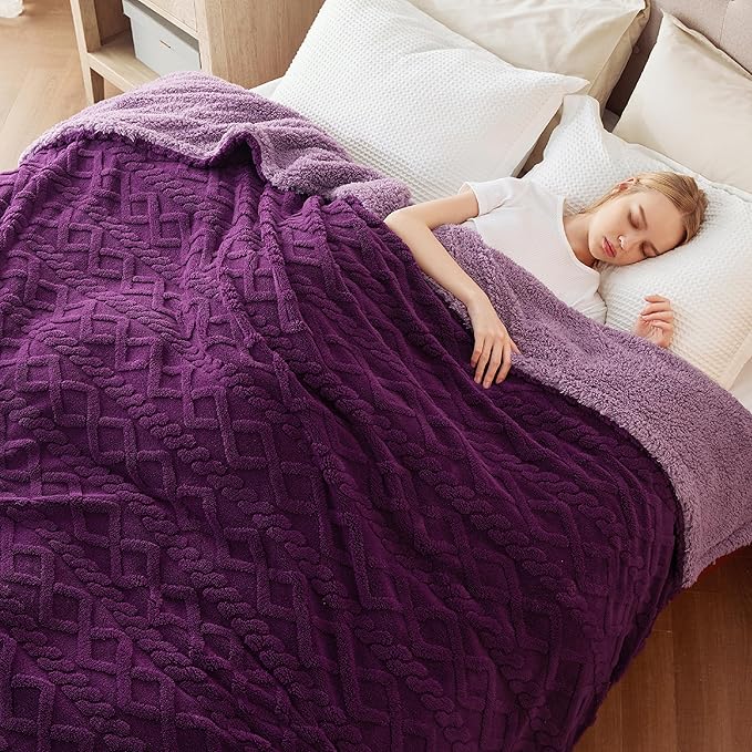 Bedsure Sherpa Queen Size Blanket for Bed - Fleece Soft Cozy Fuzzy Cable Blankets for Women, Thick Warm for Winter and All Seasons, Purple, 90x90 Inches