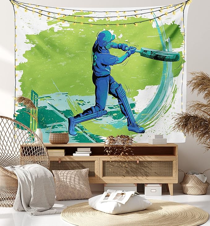 Ambesonne Sports Tapestry Queen Size, Cricket Player Pitching Win Game Champion Team Paintbrush Effect, Wall Hanging Bedspread Bed Cover Wall Decor, 88" X 88", Blue Turquoise