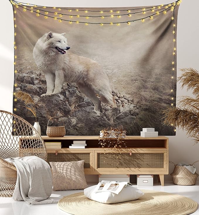 Ambesonne Animal Tapestry Queen Size, White Wolf on Rocks at The Night Misty Weather Wildlife Nature Scenery Print, Wall Hanging Bedspread Bed Cover Wall Decor, Queen Size, Warm Taupe