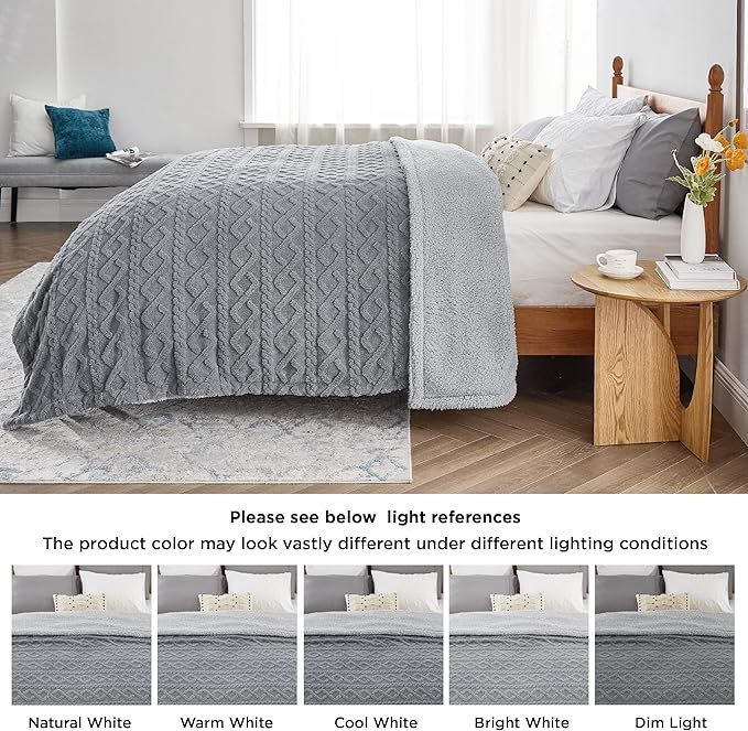 Bedsure Sherpa Fleece Throw Blanket for Couch - Fuzzy Soft Cozy Cable Throw for Women, Thick Warm Blanket for Winter, Grey, 50x60 Inches