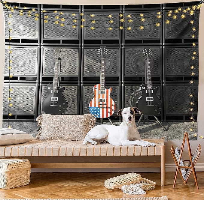 Ambesonne American Flag Tapestry, Black and Us Bass Guitar Electronic Rock Music Theme Digital Graphic Work, Wall Hanging for Bedroom Living Room Dorm Decor, 40" X 60", Charcoal Red