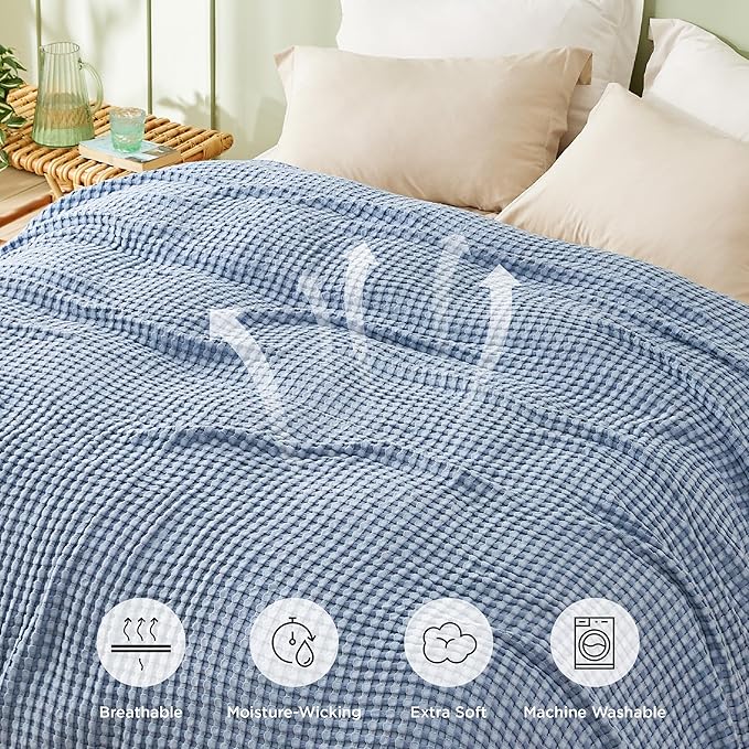 Bedsure Cooling Cotton Waffle King Size Blanket - Lightweight Breathable Summer Blanket of Rayon Derived from Bamboo for Hot Sleepers, Luxury Throws for Bed, Couch and Sofa, Fog Blue, 104x90 Inches