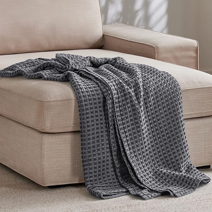 Bedsure Cooling Cotton Waffle Weave Blanket - Lightweight Breathable Blanket of Rayon Derived from Bamboo for Hot Sleepers, Luxury Throws for Bed, Couch and Sofa, Dark Grey, 50x70 Inches