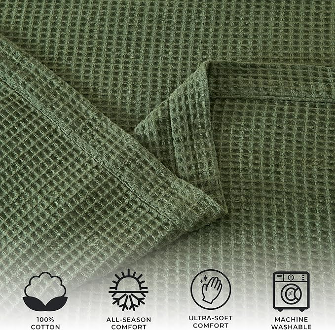 100% Cotton Blanket for Full Queen Size Bed - Dark Green Waffle Weave Lightweight Summer Bed Blanket - 90x90in Prewashed Breathable, Woven, Layering Blanket (Full/Queen, Forest Green)