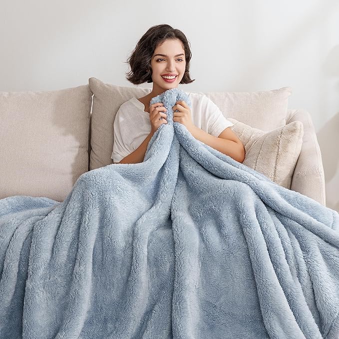Berkshire Blanket Classic Extra-Fluffy™ Plush Throw Blanket, Soft Fuzzy Fluffy Long Hair Throw Blanket for Couch Sofa Bed, Blue Mist, 50x60 Inches