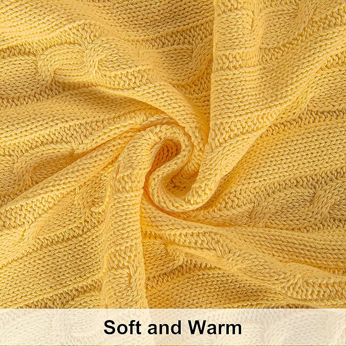 NTBAY 100% Pure Cotton Cable Knit Throw Blanket, Super Soft Warm 51x67 Knitted Throw Blanket for Couch, Sofa, Chair, Bed - Extra Cozy, Machine Washable, Comfortable Home Decor, Yellow