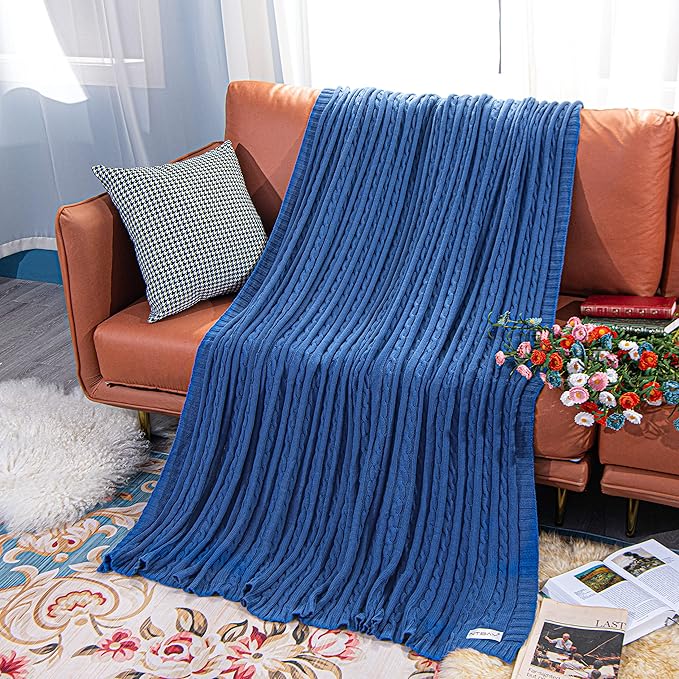 NTBAY 100% Pure Cotton Oversize (60x80) Cable Knit Throw Blanket, Super Soft Warm Knitted Throw Blanket for Bed, Sofa, Chair, Couch - Extra Cozy, Machine Washable, Comfortable Home Decor, Cobalt Blue