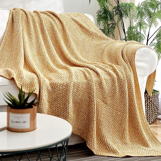 Longhui bedding Gold Knitted Throw Blanket for Couch, Soft, Cozy Machine Washable 100% Cotton Sofa Blanket, 60”x80”, Mustard Yellow and White, Laundry Bag Included