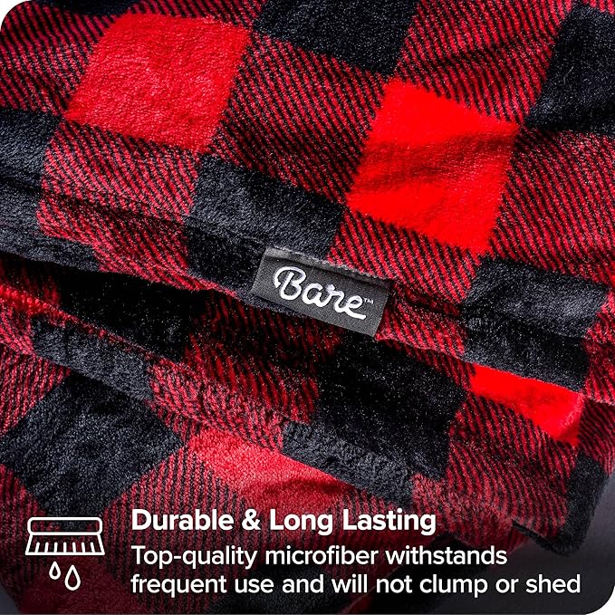 Bare Home Fleece Microplush Blanket - Extra Long - Lightweight Throw for Bed, Sofa, Couch, Movie Night, Camping, and Travel - Ultra Soft Warm Blanket (Twin/Twin XL, Chester Buffalo Plaid - Red/Black)