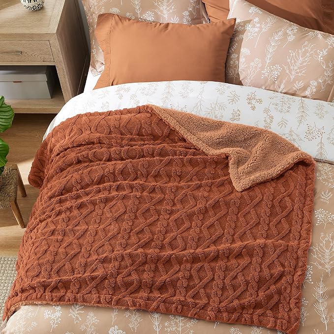 Bedsure Sherpa Fleece Blanket Twin Size for Bed - Fuzzy Soft Cozy Cable Throw for Couch, Thick Warm Blankets for Winter, Orange, 60x80 Inches