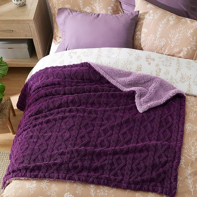 Bedsure Sherpa Fleece Throw Blanket for Couch - Fuzzy Soft Cozy Cable Throw for Women, Thick Warm Blanket for Winter, Purple, 50x60 Inches