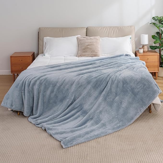 Berkshire Blanket Classic Extra-Fluffy™ Plush Blanket, Queen Size Bed Blanket, Soft Fuzzy Fluffy Long Hair Blanket for Couch Sofa Bed, Blue Mist, 90x90 Inches