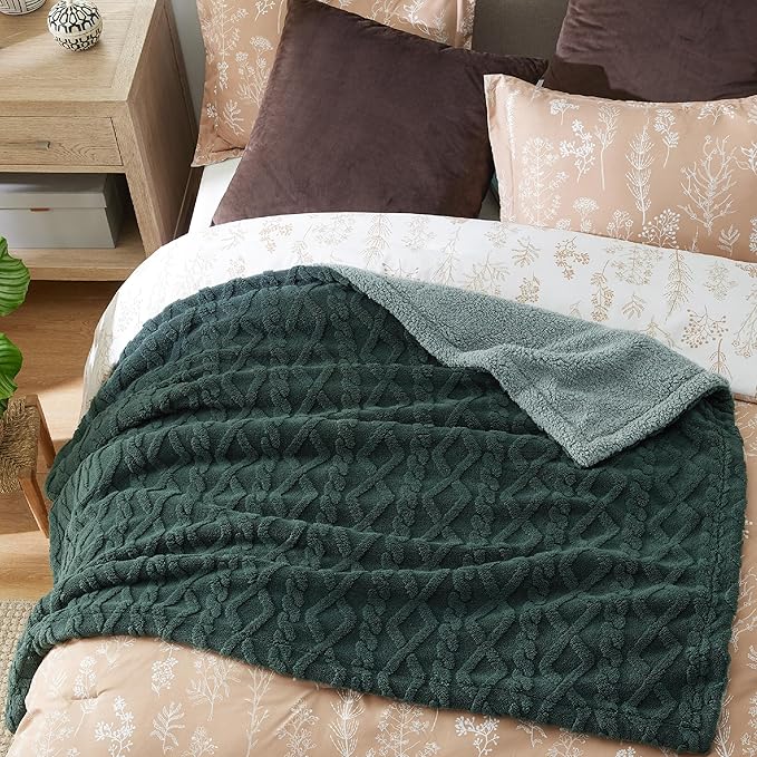 Bedsure Sherpa Fleece Blanket Twin Size for Bed - Fuzzy Soft Cozy Cable Throw for Couch, Thick Warm Blankets for Winter, Dark Green, 60x80 Inches